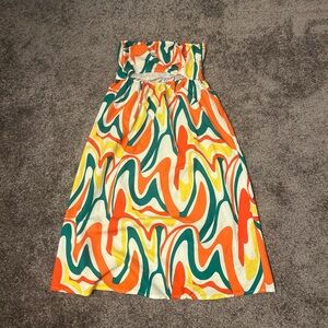 Bold Swirl Strapless Midi Dress in Orange, Teal & Yellow